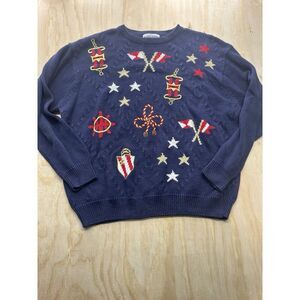 Alfred Dunner Women’s Plus 3x Patriotic Sweater Ramie Stars Nautical Chunky Knit